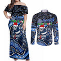 Merry Christmas AFL Cats Couples Matching Off Shoulder Maxi Dress and Long Sleeve Button Shirt Aboriginal Santa Football Mascot