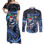 Merry Christmas AFL Cats Couples Matching Off Shoulder Maxi Dress and Long Sleeve Button Shirt Aboriginal Santa Football Mascot
