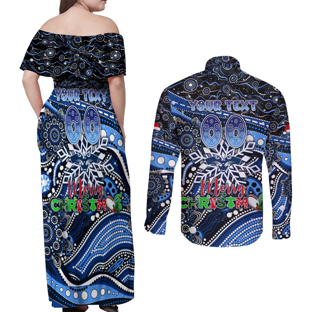 Merry Christmas AFL Cats Couples Matching Off Shoulder Maxi Dress and Long Sleeve Button Shirt Aboriginal Santa Football Mascot