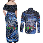 Merry Christmas AFL Cats Couples Matching Off Shoulder Maxi Dress and Long Sleeve Button Shirt Aboriginal Santa Football Mascot