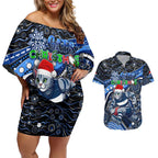 Merry Christmas AFL Cats Couples Matching Off Shoulder Short Dress and Hawaiian Shirt Aboriginal Santa Football Mascot
