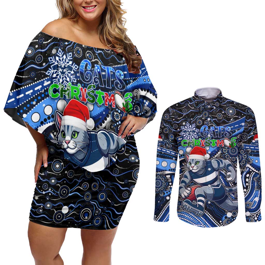 Merry Christmas AFL Cats Couples Matching Off Shoulder Short Dress and Long Sleeve Button Shirt Aboriginal Santa Football Mascot