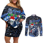 Merry Christmas AFL Cats Couples Matching Off Shoulder Short Dress and Long Sleeve Button Shirt Aboriginal Santa Football Mascot