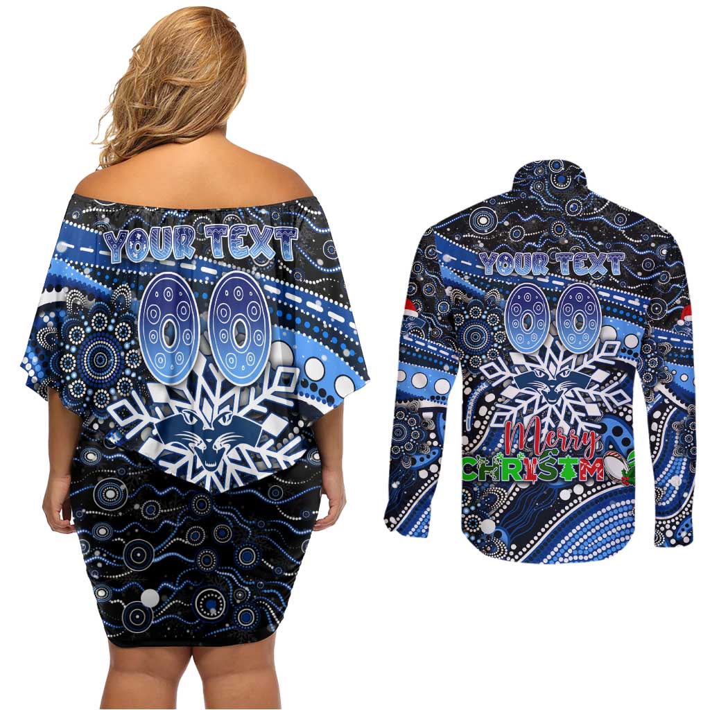 Merry Christmas AFL Cats Couples Matching Off Shoulder Short Dress and Long Sleeve Button Shirt Aboriginal Santa Football Mascot