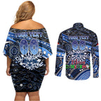 Merry Christmas AFL Cats Couples Matching Off Shoulder Short Dress and Long Sleeve Button Shirt Aboriginal Santa Football Mascot