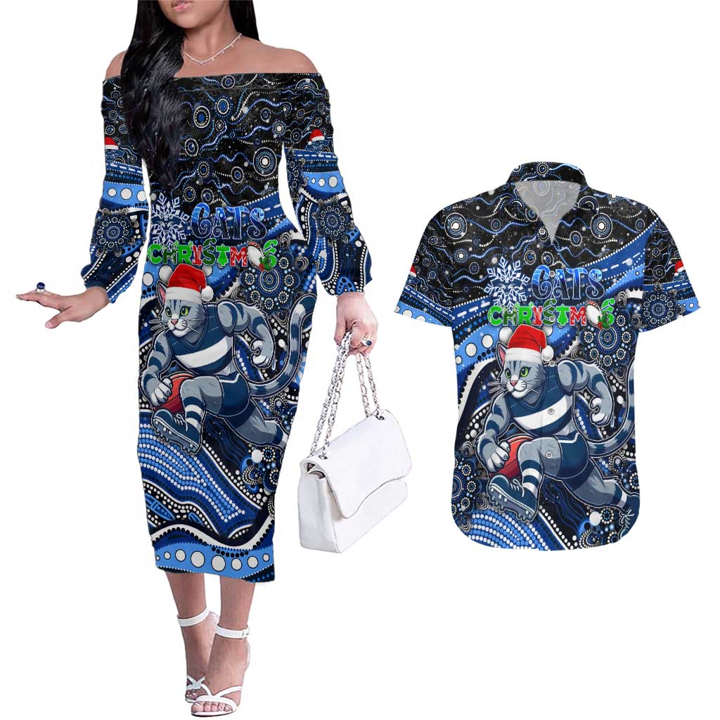 Merry Christmas AFL Cats Couples Matching Off The Shoulder Long Sleeve Dress and Hawaiian Shirt Aboriginal Santa Football Mascot