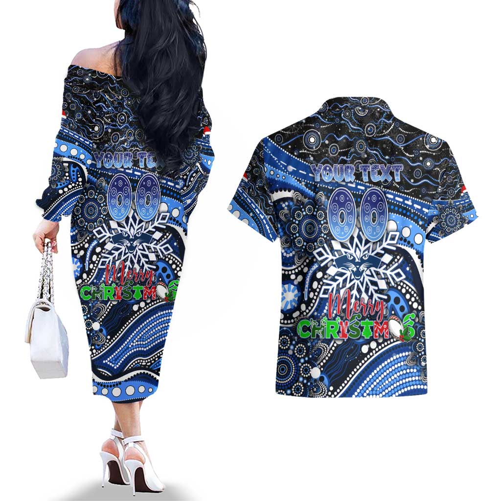 Merry Christmas AFL Cats Couples Matching Off The Shoulder Long Sleeve Dress and Hawaiian Shirt Aboriginal Santa Football Mascot