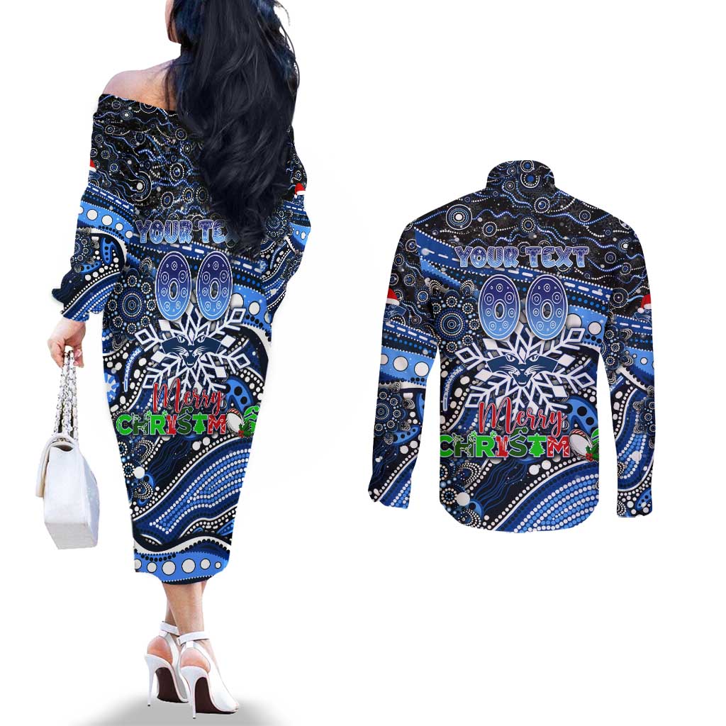 Merry Christmas AFL Cats Couples Matching Off The Shoulder Long Sleeve Dress and Long Sleeve Button Shirt Aboriginal Santa Football Mascot