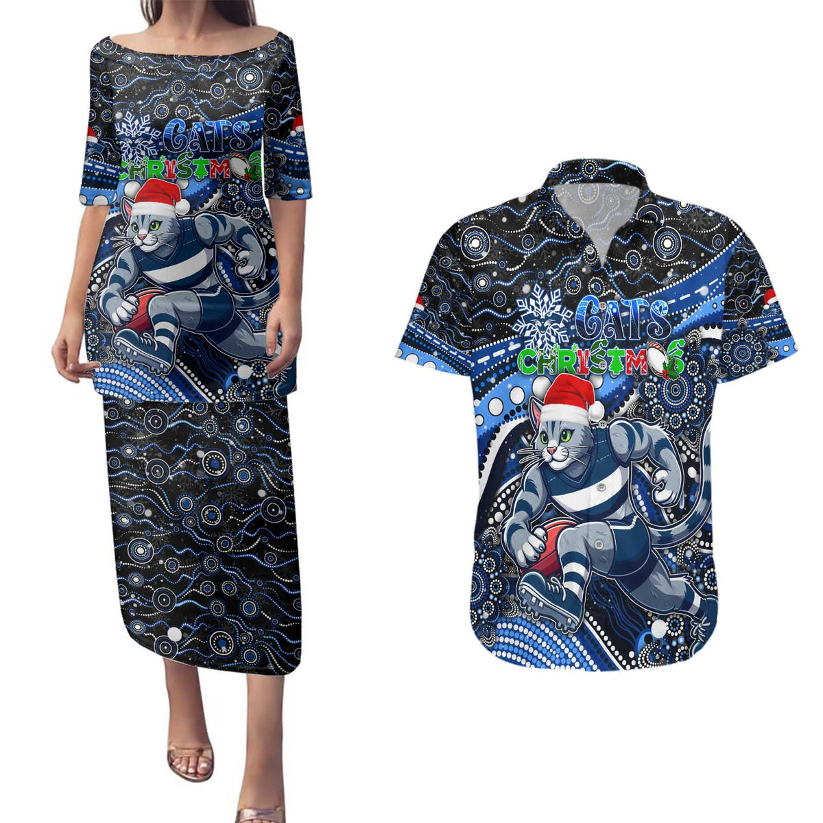 Merry Christmas AFL Cats Couples Matching Puletasi and Hawaiian Shirt Aboriginal Santa Football Mascot