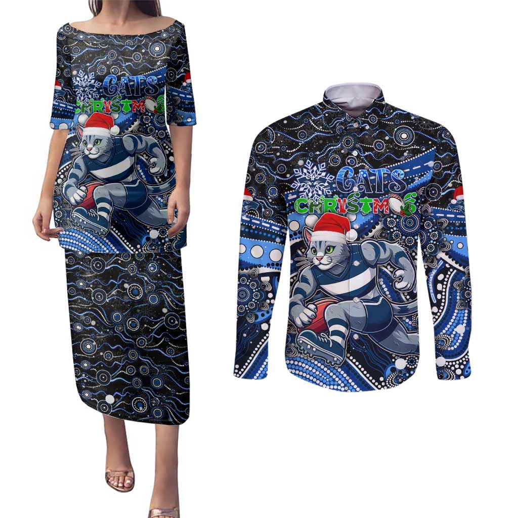 Merry Christmas AFL Cats Couples Matching Puletasi and Long Sleeve Button Shirt Aboriginal Santa Football Mascot
