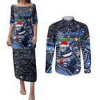 Merry Christmas AFL Cats Couples Matching Puletasi and Long Sleeve Button Shirt Aboriginal Santa Football Mascot
