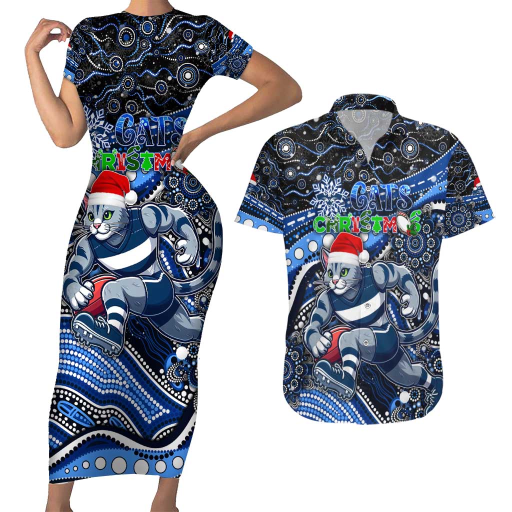 Merry Christmas AFL Cats Couples Matching Short Sleeve Bodycon Dress and Hawaiian Shirt Aboriginal Santa Football Mascot