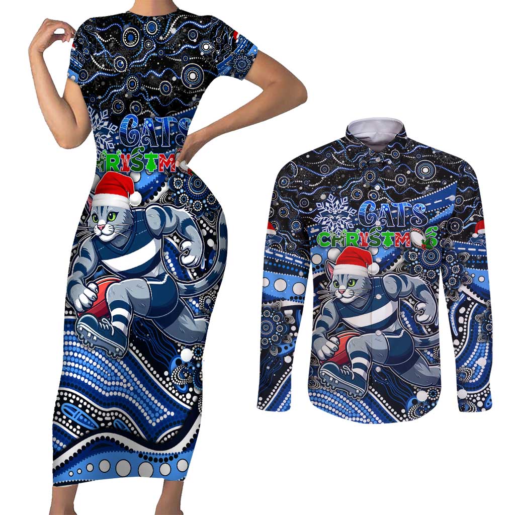 Merry Christmas AFL Cats Couples Matching Short Sleeve Bodycon Dress and Long Sleeve Button Shirt Aboriginal Santa Football Mascot
