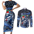 Merry Christmas AFL Cats Couples Matching Short Sleeve Bodycon Dress and Long Sleeve Button Shirt Aboriginal Santa Football Mascot