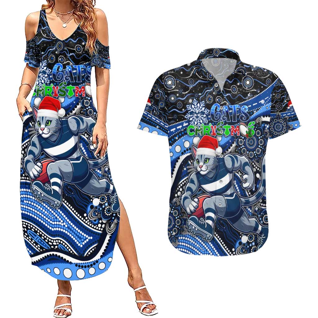 Merry Christmas AFL Cats Couples Matching Summer Maxi Dress and Hawaiian Shirt Aboriginal Santa Football Mascot