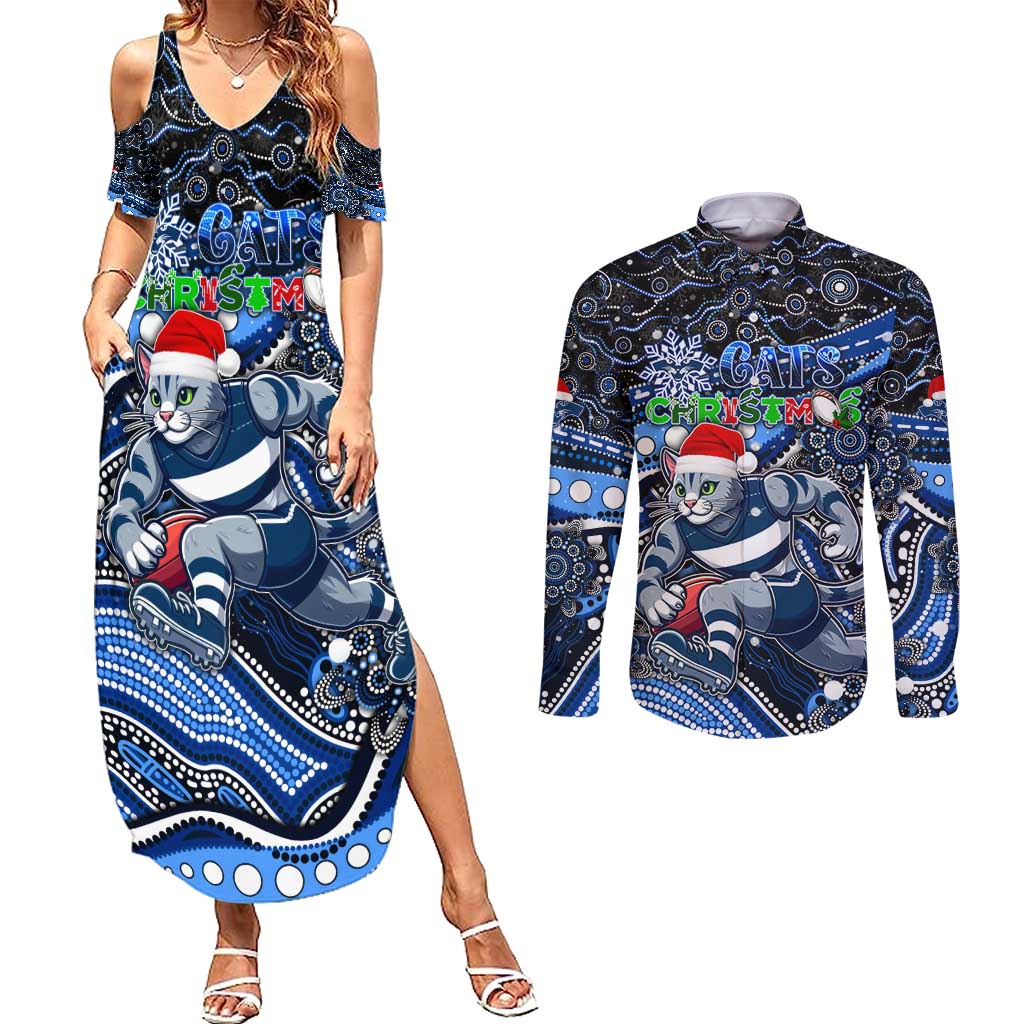 Merry Christmas AFL Cats Couples Matching Summer Maxi Dress and Long Sleeve Button Shirt Aboriginal Santa Football Mascot