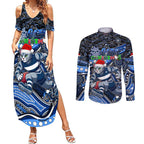 Merry Christmas AFL Cats Couples Matching Summer Maxi Dress and Long Sleeve Button Shirt Aboriginal Santa Football Mascot