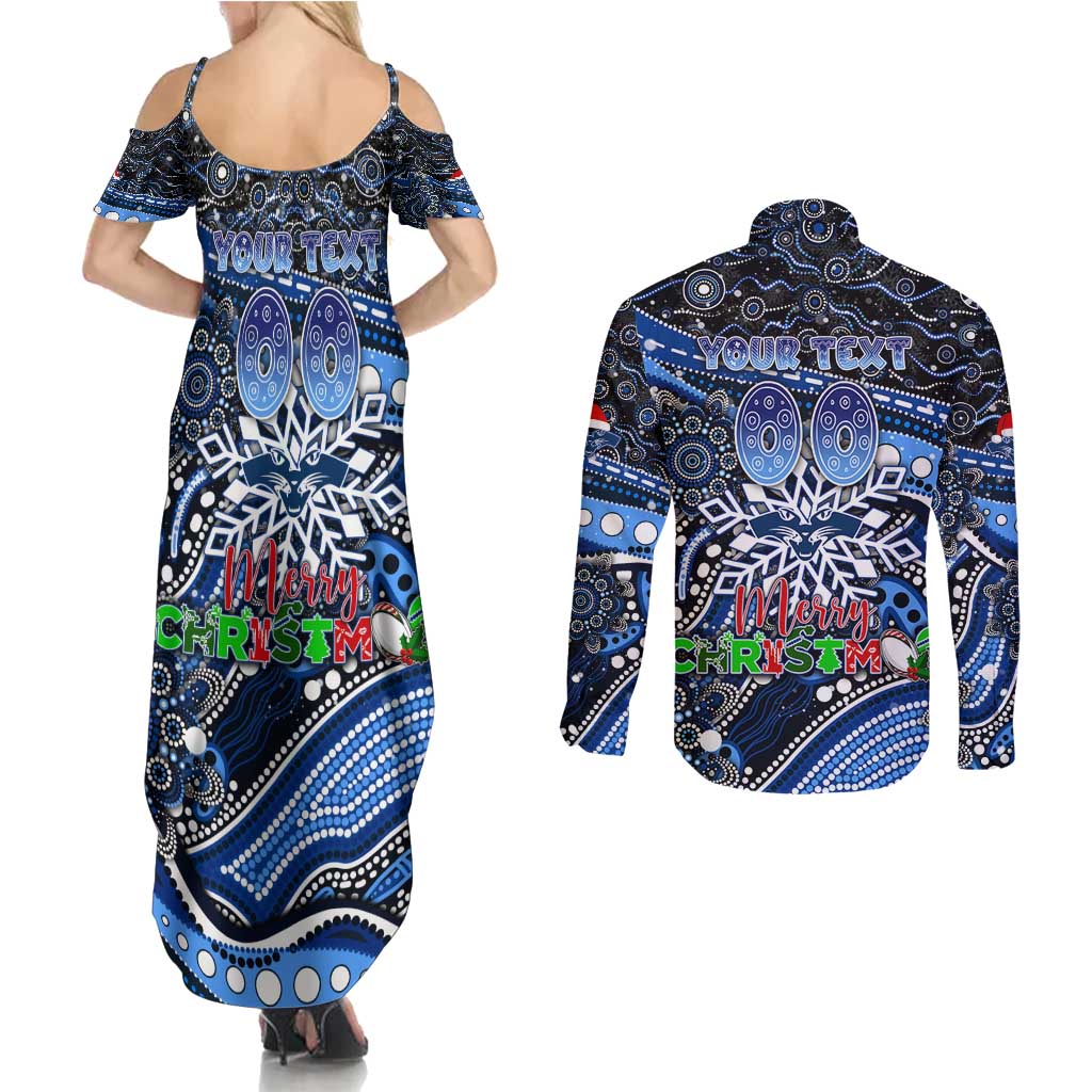 Merry Christmas AFL Cats Couples Matching Summer Maxi Dress and Long Sleeve Button Shirt Aboriginal Santa Football Mascot