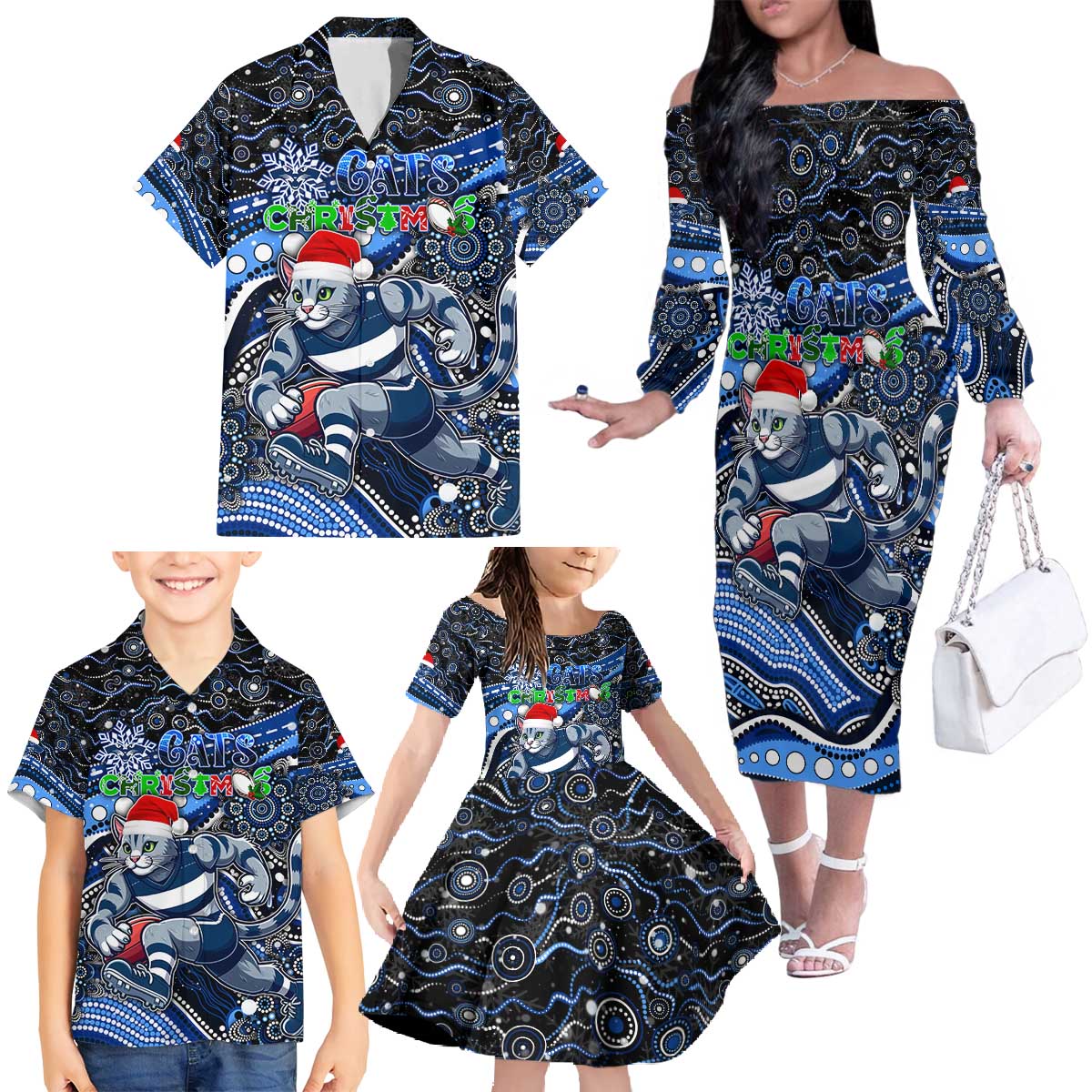 Merry Christmas AFL Cats Family Matching Off The Shoulder Long Sleeve Dress and Hawaiian Shirt Aboriginal Santa Football Mascot