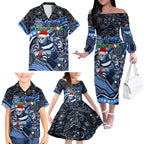 Merry Christmas AFL Cats Family Matching Off The Shoulder Long Sleeve Dress and Hawaiian Shirt Aboriginal Santa Football Mascot
