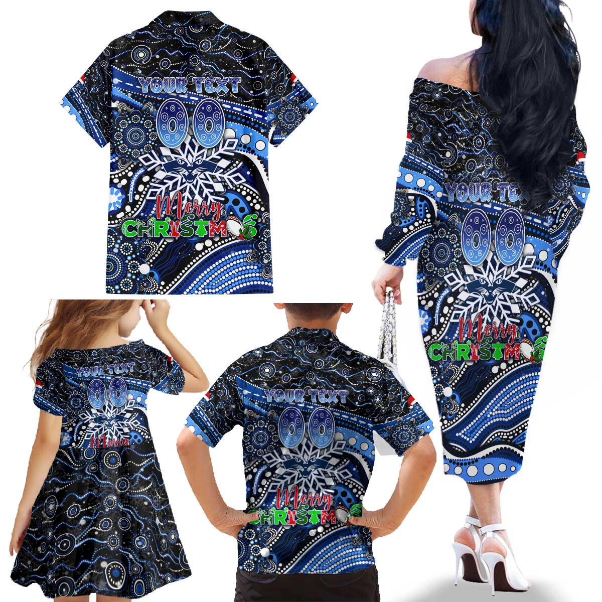 Merry Christmas AFL Cats Family Matching Off The Shoulder Long Sleeve Dress and Hawaiian Shirt Aboriginal Santa Football Mascot