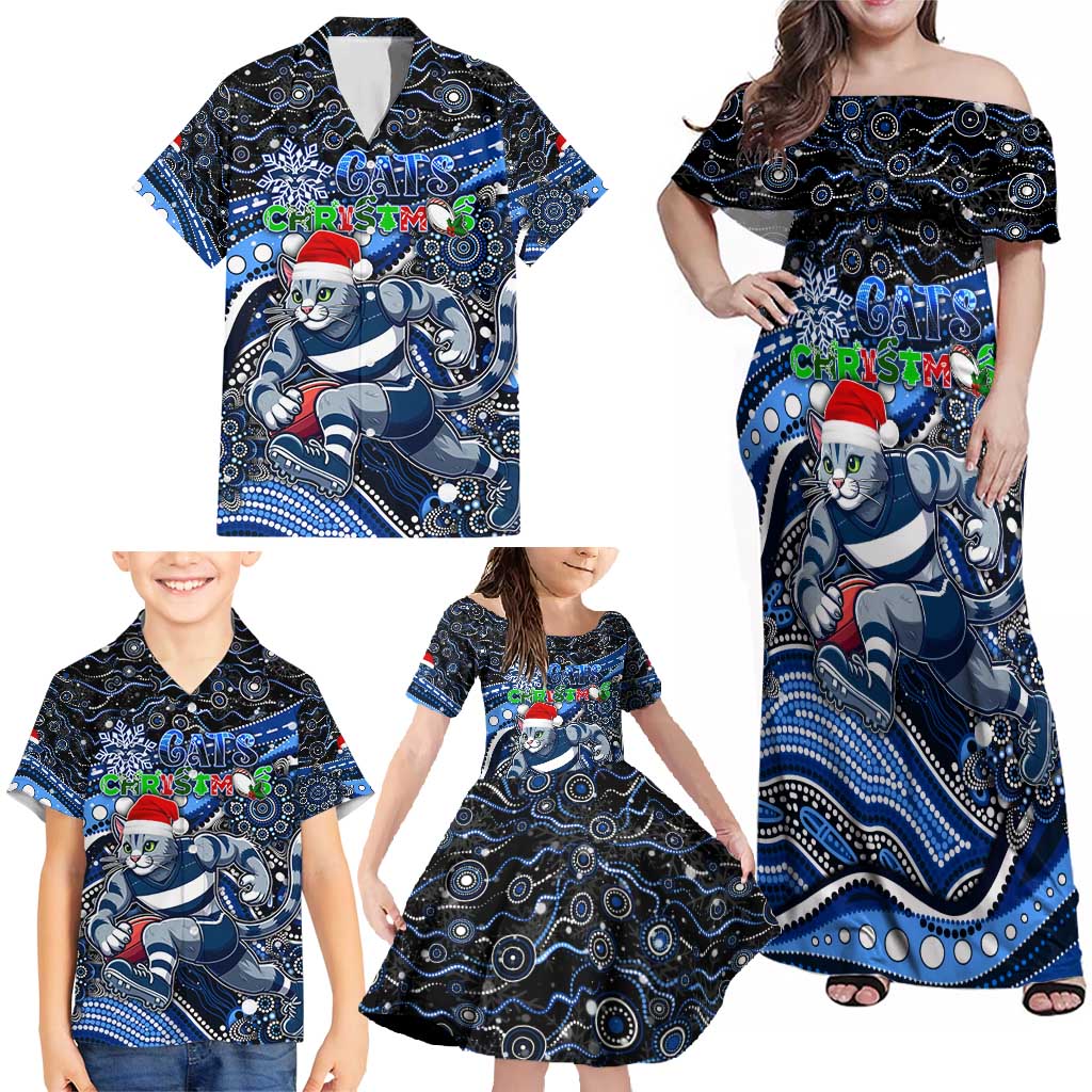 Merry Christmas AFL Cats Family Matching Off Shoulder Maxi Dress and Hawaiian Shirt Aboriginal Santa Football Mascot