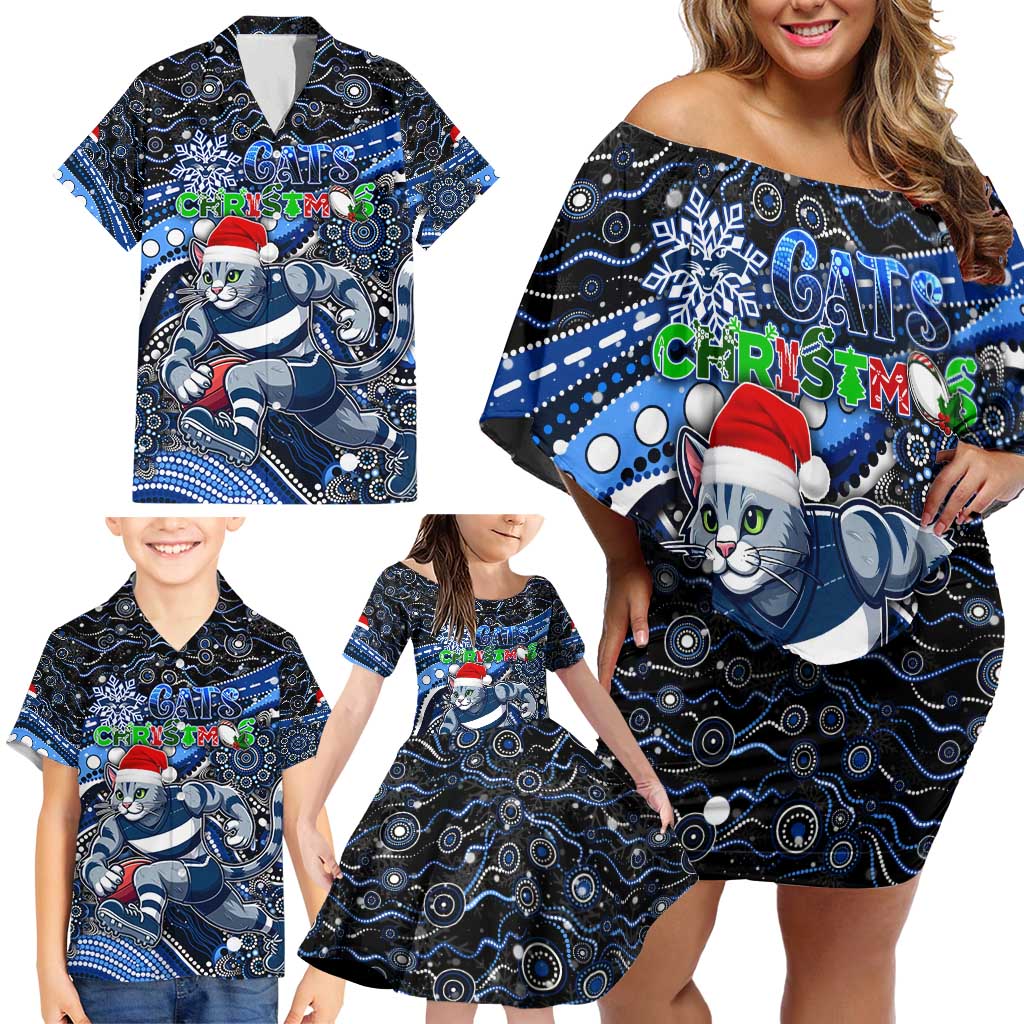 Merry Christmas AFL Cats Family Matching Off Shoulder Short Dress and Hawaiian Shirt Aboriginal Santa Football Mascot