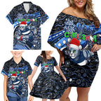 Merry Christmas AFL Cats Family Matching Off Shoulder Short Dress and Hawaiian Shirt Aboriginal Santa Football Mascot