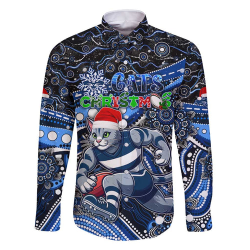 Merry Christmas AFL Cats Family Matching Off Shoulder Short Dress and Hawaiian Shirt Aboriginal Santa Football Mascot