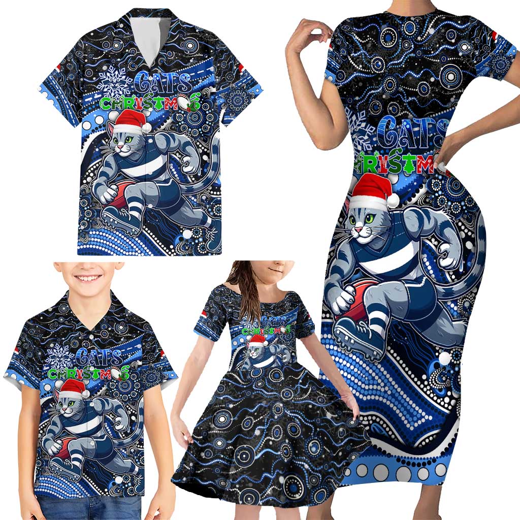 Merry Christmas AFL Cats Family Matching Short Sleeve Bodycon Dress and Hawaiian Shirt Aboriginal Santa Football Mascot