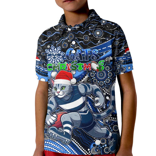 Merry Christmas AFL Cats Kid Polo Shirt Aboriginal Santa Football Mascot