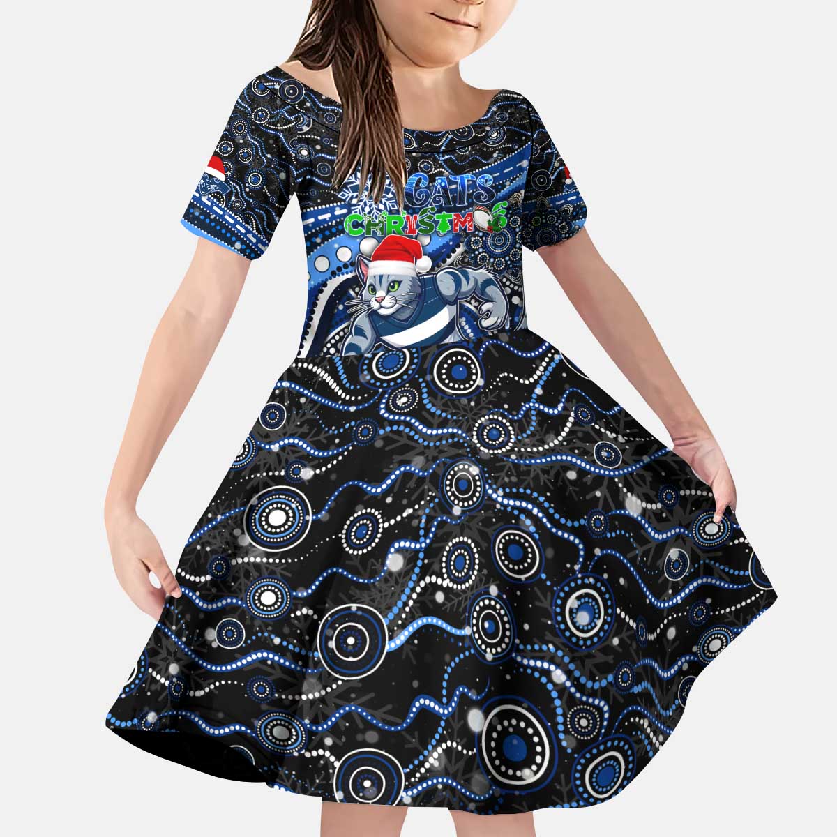 Merry Christmas AFL Cats Kid Short Sleeve Dress Aboriginal Santa Football Mascot