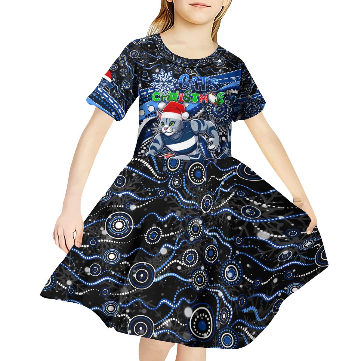 Merry Christmas AFL Cats Kid Short Sleeve Dress Aboriginal Santa Football Mascot