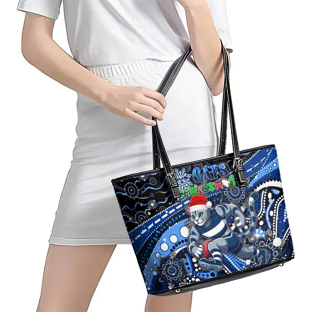 Merry Christmas AFL Cats Leather Tote Bag Aboriginal Santa Football Mascot