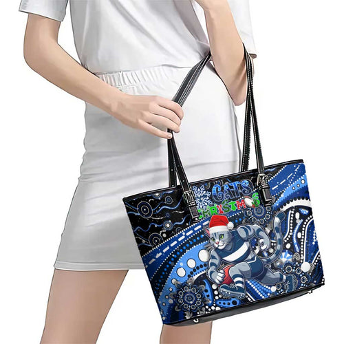 Merry Christmas AFL Cats Leather Tote Bag Aboriginal Santa Football Mascot