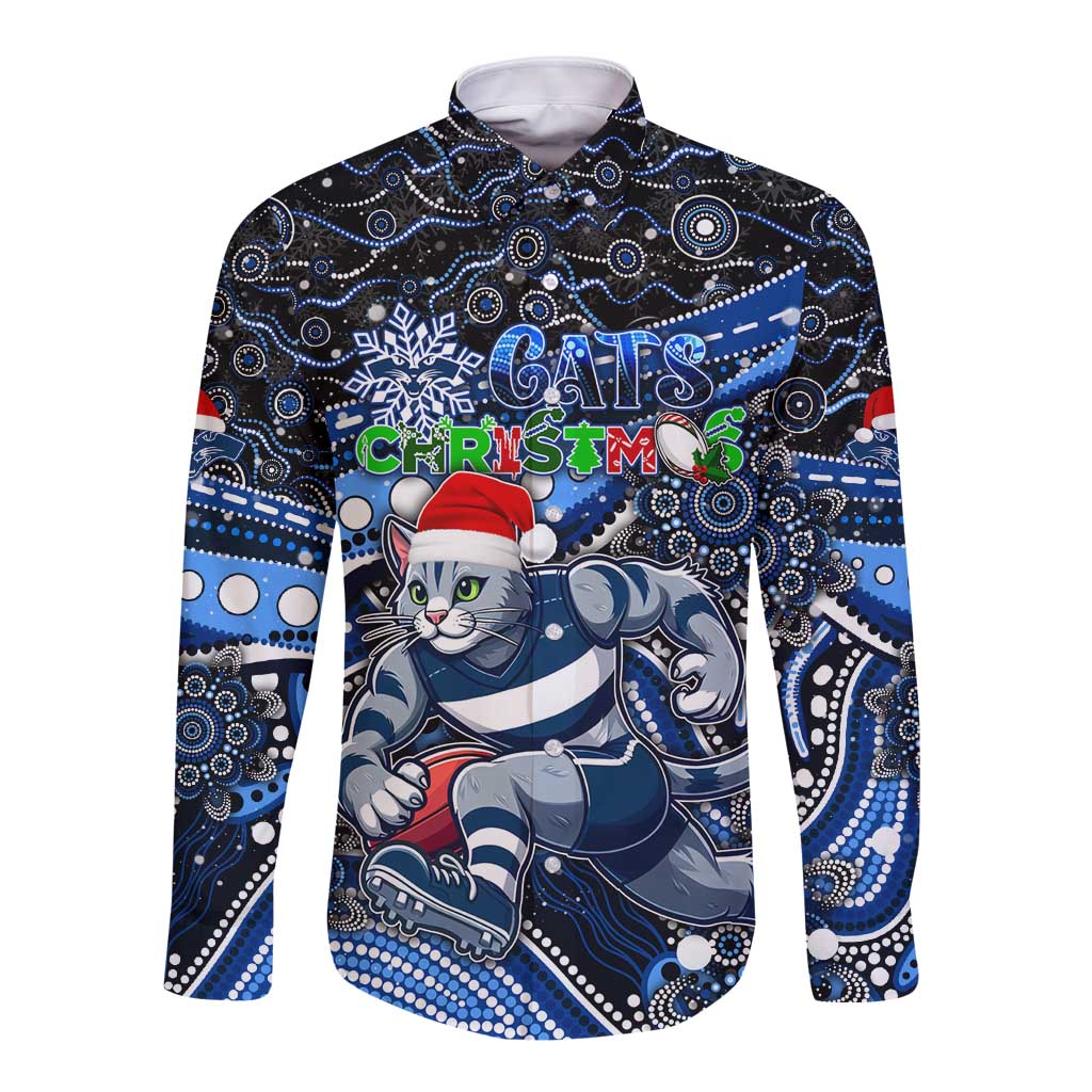 Merry Christmas AFL Cats Long Sleeve Button Shirt Aboriginal Santa Football Mascot