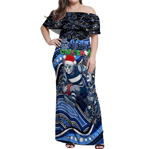 Merry Christmas AFL Cats Off Shoulder Maxi Dress Aboriginal Santa Football Mascot