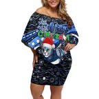 Merry Christmas AFL Cats Off Shoulder Short Dress Aboriginal Santa Football Mascot