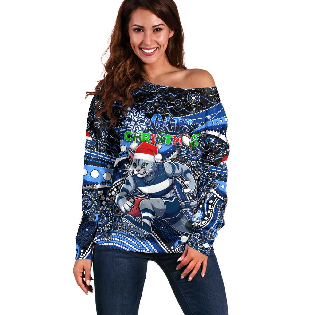 Merry Christmas AFL Cats Off Shoulder Sweater Aboriginal Santa Football Mascot