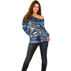 Merry Christmas AFL Cats Off Shoulder Sweater Aboriginal Santa Football Mascot