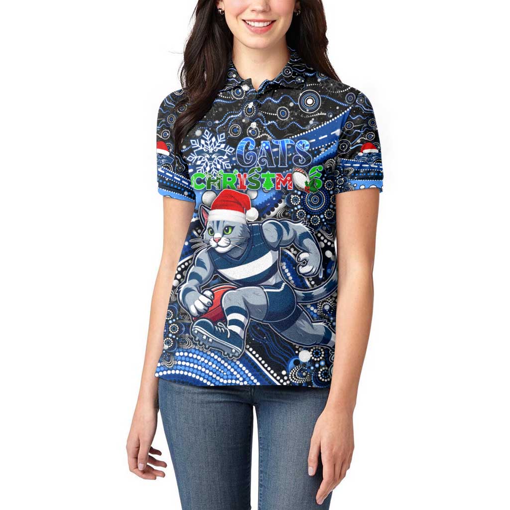 Merry Christmas AFL Cats Women Polo Shirt Aboriginal Santa Football Mascot