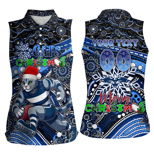 Merry Christmas AFL Cats Women Sleeveless Polo Shirt Aboriginal Santa Football Mascot