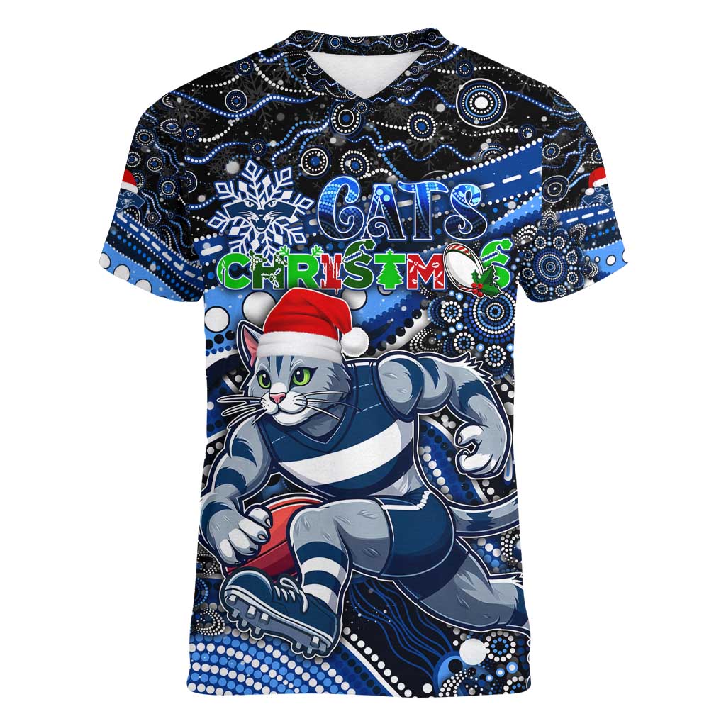 Merry Christmas AFL Cats Women V-Neck T-Shirt Aboriginal Santa Football Mascot