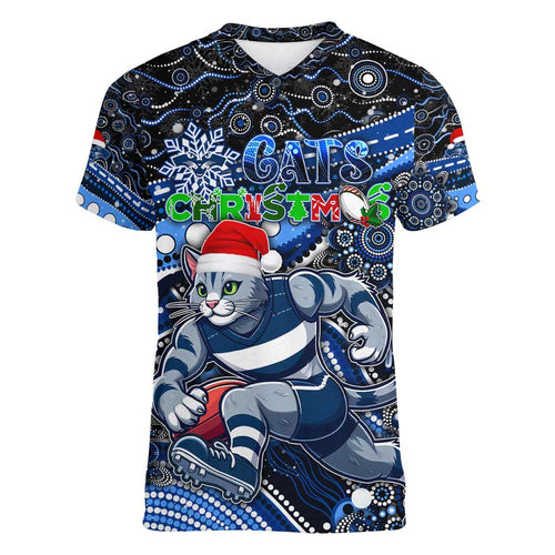 Merry Christmas AFL Cats Women V-Neck T-Shirt Aboriginal Santa Football Mascot