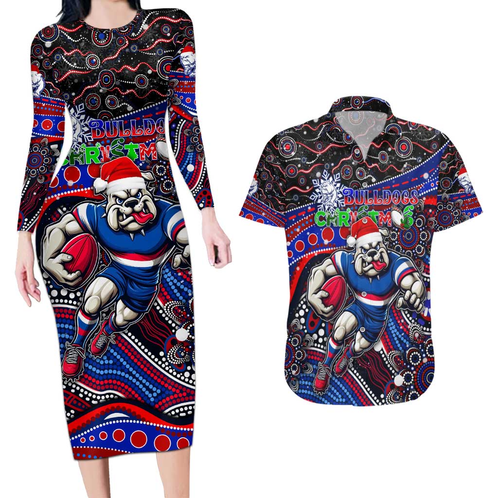 Merry Christmas AFL Bulldogs Couples Matching Long Sleeve Bodycon Dress and Hawaiian Shirt Aboriginal Santa Football Mascot