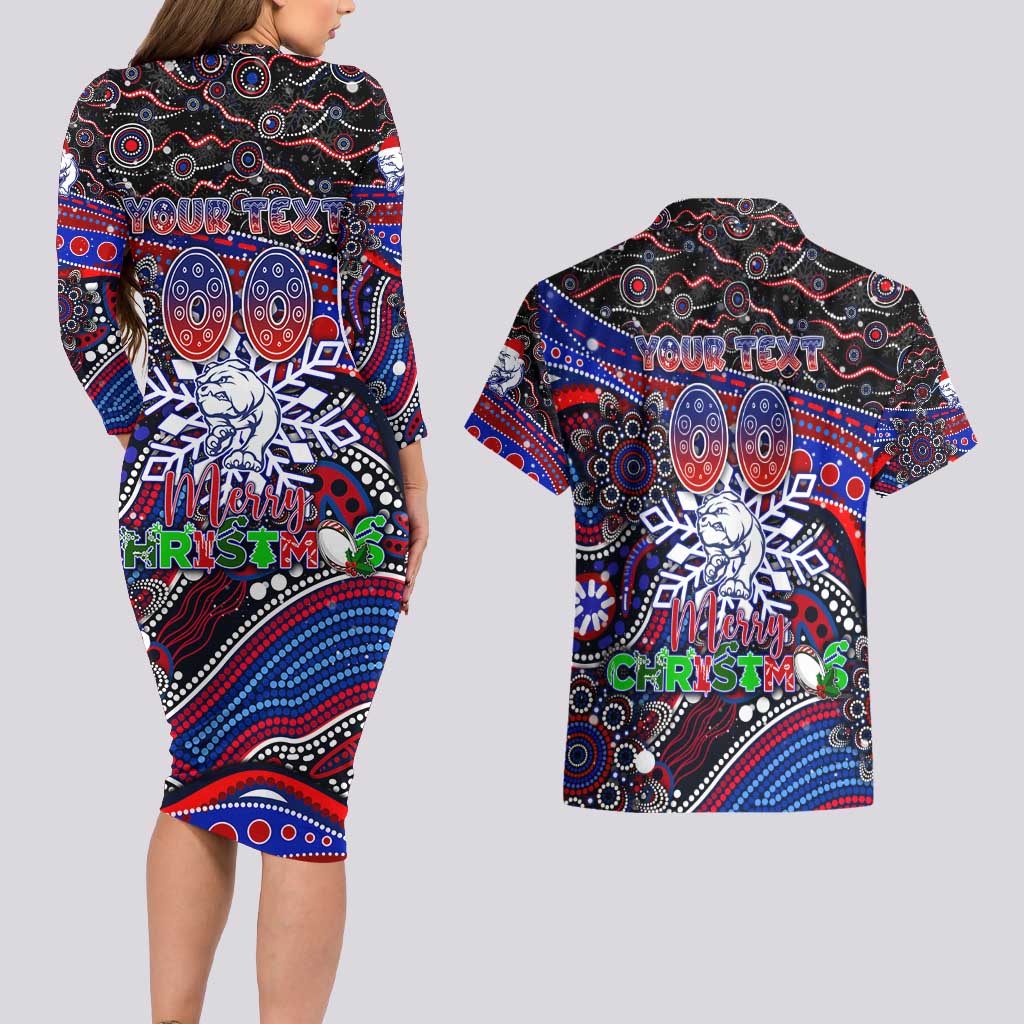 Merry Christmas AFL Bulldogs Couples Matching Long Sleeve Bodycon Dress and Hawaiian Shirt Aboriginal Santa Football Mascot