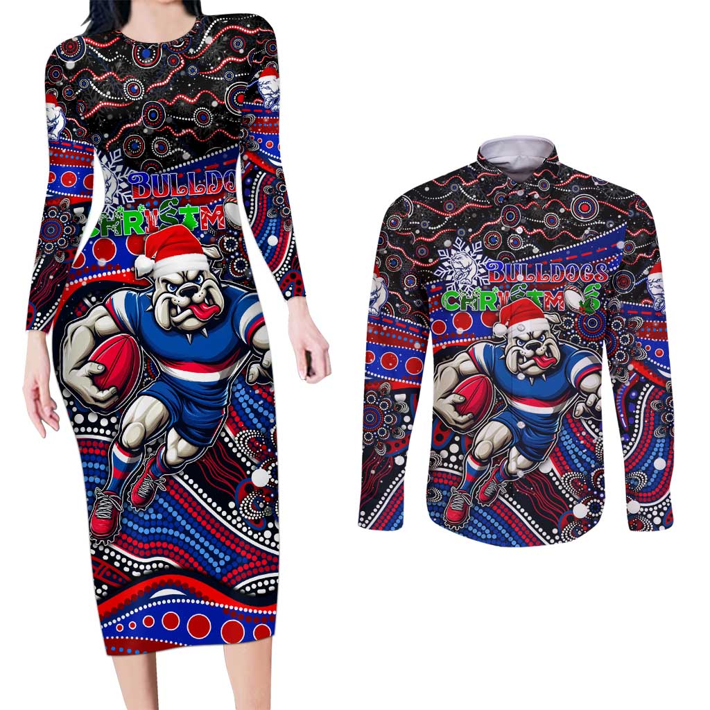 Merry Christmas AFL Bulldogs Couples Matching Long Sleeve Bodycon Dress and Long Sleeve Button Shirt Aboriginal Santa Football Mascot