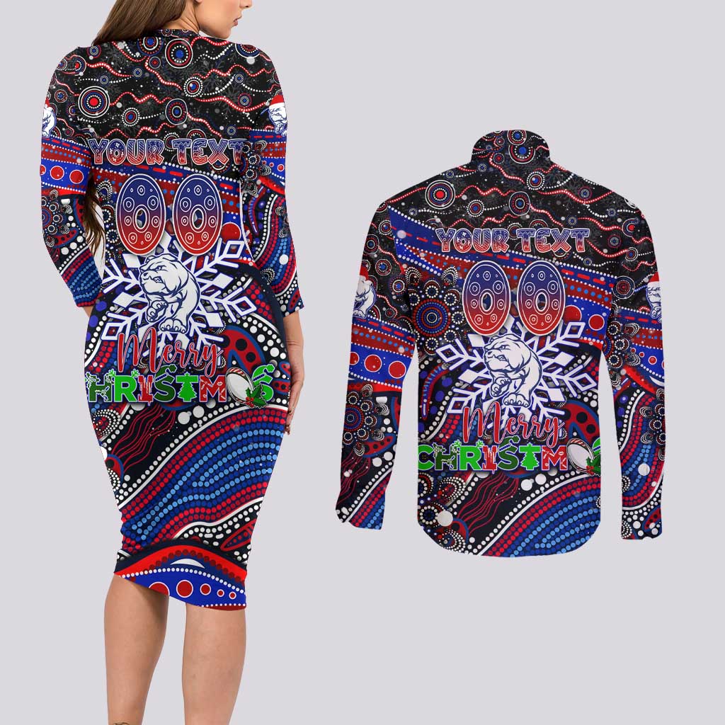 Merry Christmas AFL Bulldogs Couples Matching Long Sleeve Bodycon Dress and Long Sleeve Button Shirt Aboriginal Santa Football Mascot