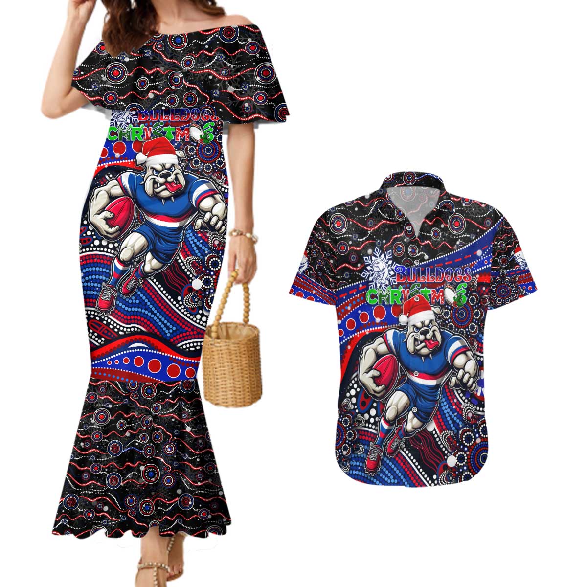 Merry Christmas AFL Bulldogs Couples Matching Mermaid Dress and Hawaiian Shirt Aboriginal Santa Football Mascot