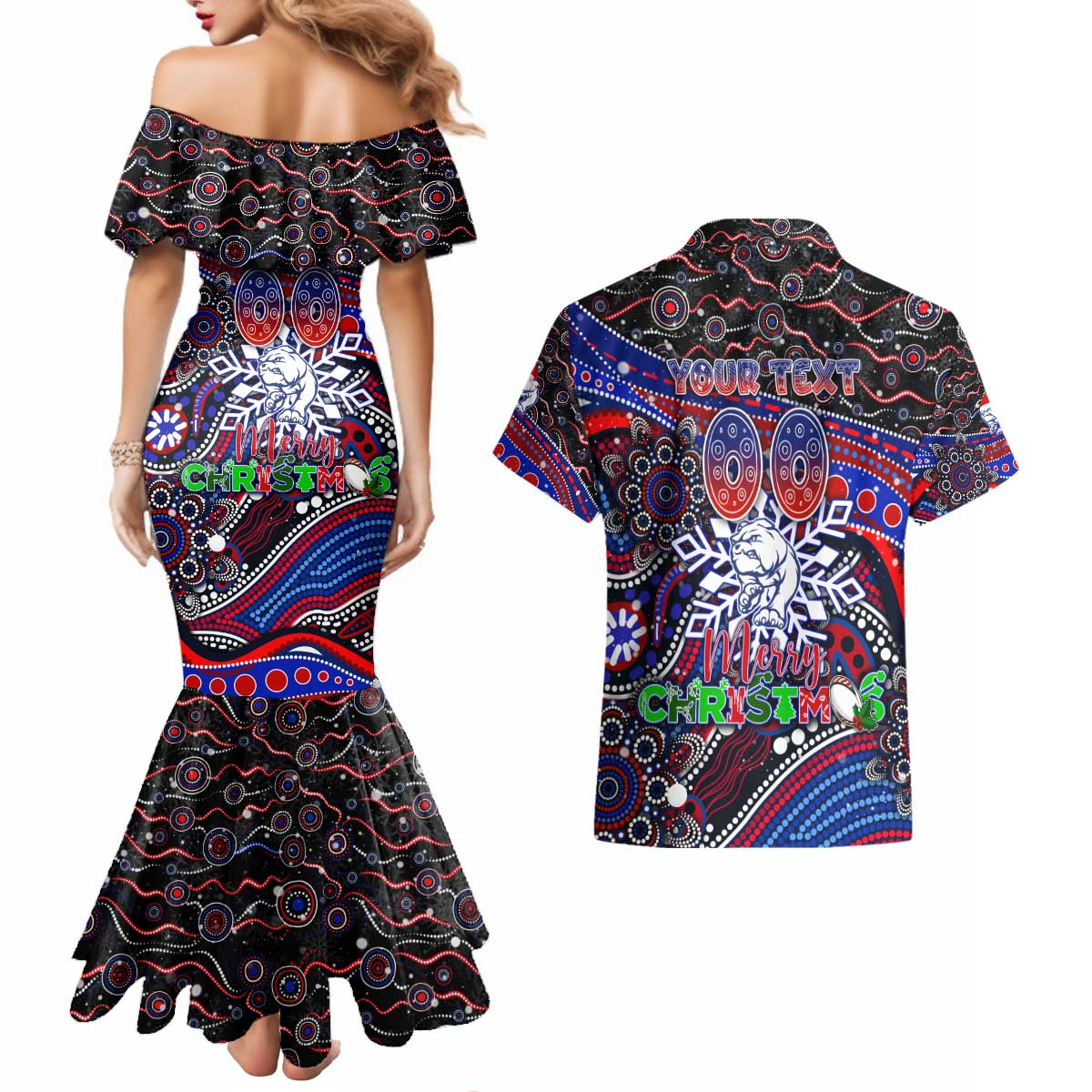 Merry Christmas AFL Bulldogs Couples Matching Mermaid Dress and Hawaiian Shirt Aboriginal Santa Football Mascot